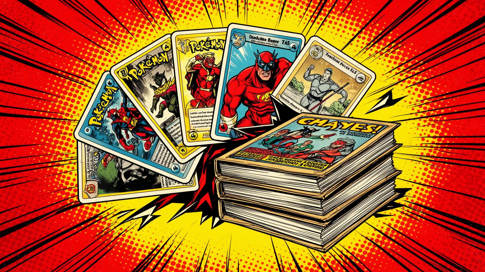 Trading cards and vintage comic books bursting out in comic-book style